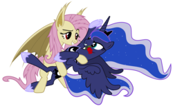 Size: 6000x3700 | Tagged: safe, artist:magister39, fluttershy, princess luna, alicorn, bat pony, pony, vampire, g4, bat ponified, bedroom eyes, bipedal, carrying, dancing, eye contact, female, flutterbat, grin, lesbian, lunabat, mouth hold, race swap, raised eyebrow, rose, ship:lunashy, show accurate, simple background, smiling, spread wings, transparent background, vector