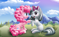 Size: 3840x2400 | Tagged: safe, artist:roadsleadme, marble pie, pinkie pie, g4, blank flank, bow, cute, duo, eye contact, female, filly, grin, high res, messy mane, open mouth, pattycakes, sisters, sitting, smiling, squee, twins, vector