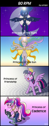Size: 800x2020 | Tagged: safe, artist:uotapo, princess cadance, princess celestia, princess luna, twilight sparkle, alicorn, pony, g4, alicorn tetrarchy, belly, bicycle, blushing, comic, concave belly, exercise, exercise bike, eyes closed, female, flying, headband, magic, mare, moon, open mouth, physique difference, pun, slender, spread wings, sun, sweat, sweatband, thin, twilight sparkle (alicorn)