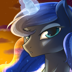 Size: 900x900 | Tagged: safe, artist:deroko, princess luna, alicorn, pony, g4, bust, female, magic, mare, portrait, solo, stars, sunset