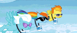 Size: 500x213 | Tagged: safe, screencap, fleetfoot, rainbow dash, spitfire, pony, g4, rainbow falls, animated, feed bag, female, flying, formation, horses doing horse things, puffy cheeks, sunglasses