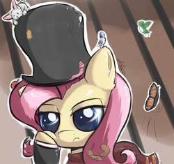 Size: 850x800 | Tagged: safe, artist:j151, fluttershy, bird, butterfly, ladybug, rabbit, squirrel, worm, g4, animal, bored, clothes, female, hat, solo