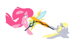Size: 1498x846 | Tagged: safe, artist:thelunarmage, derpy hooves, pinkie pie, earth pony, pegasus, pony, g4, angry, duel, fight, pinkamena diane pie, simple background, sword, transparent background