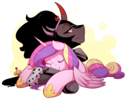 Size: 1004x795 | Tagged: safe, artist:mylittlesheepy, king sombra, princess cadance, g4, bedroom eyes, couple, cuddling, cute, cutedance, eyes closed, female, hug, infidelity, male, prone, ship:somdance, shipping, simple background, sleeping, smiling, snuggling, sombradorable, straight, transparent background