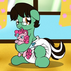 Size: 1280x1280 | Tagged: safe, artist:fillyscoots42, pinkie pie, oc, oc:tenerius, pony, g4, adorkable, cute, diaper, diaper fetish, dork, duo, glasses, non-baby in diaper, ocbetes, plushie, poofy diaper, sitting