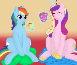 Size: 700x600 | Tagged: safe, artist:alex-mewmew, princess cadance, rainbow dash, g4, coffee, cute, duo, happy, levitation, magic, pillow, rainbow, smiling, telekinesis