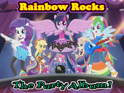 Size: 962x720 | Tagged: safe, applejack, fluttershy, pinkie pie, rainbow dash, rarity, twilight sparkle, equestria girls, g4, my little pony equestria girls: rainbow rocks, perfect day for fun, bass guitar, drums, guitar, keytar, logo, mane six, microphone, music reference, musical instrument, ponied up, reference, singing, tambourine, the party album, vengaboys