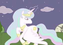 Size: 700x500 | Tagged: safe, artist:milkweed, princess celestia, g4, female, magic, mare in the moon, moon, night, solo