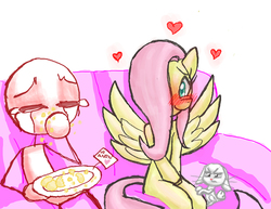 Size: 1485x1148 | Tagged: safe, artist:redanon, angel bunny, fluttershy, oc, oc:anon, g4, blushing, cookie, couch, crush, food, heart, jealous, sitting, tears of joy