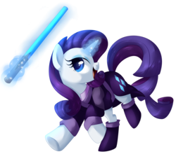 Size: 2247x1977 | Tagged: safe, artist:xnightmelody, rarity, g4, boots, clothes, crossover, cute, female, happy, jedi, lightsaber, magic, raribetes, robes, solo, star wars, telekinesis