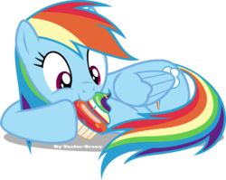 Size: 2543x2022 | Tagged: safe, artist:vector-brony, rainbow dash, pegasus, pony, g4, checkered background, cupcake, cute, dashabetes, female, food, high res, hoof hold, looking at something, lying down, nom, photo, prone, rainbow, rainbow cupcake, simple background, smiling, solo, transparent background, vector