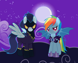 Size: 1024x830 | Tagged: dead source, safe, artist:rulette, rainbow dash, soarin', bat pony, pegasus, pony, g4, alternate timeline, bat ponified, clothes, cloud, costume, female, male, mare, moon, night, night guard, night guard dash, nightmare takeover timeline, rainbowbat, shadowbolts, shadowbolts costume, ship:soarindash, shipping, spread wings, stallion, straight, wings