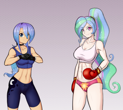 Size: 1280x1142 | Tagged: safe, artist:ligerstorm, artist:scorpdk, princess celestia, princess luna, human, g4, abs, alternate hairstyle, belly button, boxing gloves, choker, clothes, colored, female, gloves, grin, humanized, looking at you, midriff, mma gloves, muscles, ponytail, smiling, smiling at you, sports bra, sports panties, sports shorts, tanned