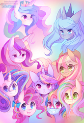 Size: 600x877 | Tagged: safe, artist:pekou, applejack, fluttershy, pinkie pie, princess cadance, princess celestia, princess luna, rainbow dash, rarity, twilight sparkle, alicorn, pony, g4, 2014, bust, female, mane six, mare, rainbow power, simple background, smiling, twilight sparkle (alicorn)