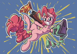 Size: 4961x3508 | Tagged: safe, artist:kalemon, pinkie pie, earth pony, semi-anthro, g4, absurd resolution, armpits, belly button, chest fluff, female, gun, simple background, solo, underhoof