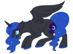 Size: 600x447 | Tagged: safe, artist:lulubell, nightmare moon, g4, crying, fangs, floppy ears, mid-transformation, open mouth, raised leg, sad, simple background, solo, spread wings, transformation, transparent background, trembling