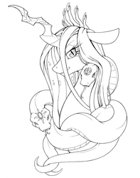 Size: 985x1250 | Tagged: safe, artist:longinius, queen chrysalis, snake, g4, female, grayscale, lineart, looking at you, monochrome, smiling, smirk, solo