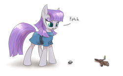 Size: 1000x619 | Tagged: dead source, safe, artist:mlpanon, boulder (g4), maud pie, earth pony, pony, g4, clothes, female, fetch, mare, simple background, solo, stick, text, white background