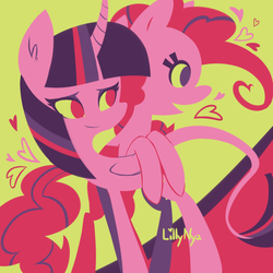 Size: 900x900 | Tagged: safe, artist:lillynya, pinkie pie, twilight sparkle, alicorn, classical unicorn, pony, g4, duo, female, horn, leonine tail, lesbian, limited palette, mare, ship:twinkie, shipping, twilight sparkle (alicorn)