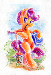 Size: 550x808 | Tagged: safe, artist:maytee, scootaloo, pegasus, pony, g4, female, helmet, scooter, solo, traditional art