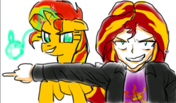 Size: 1024x600 | Tagged: safe, artist:asdf314159265, sunset shimmer, human, unicorn, g4, duo, human ponidox, middle finger, sketchy