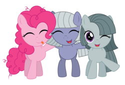 Size: 2576x1751 | Tagged: safe, artist:reitanna-seishin, limestone pie, marble pie, pinkie pie, earth pony, pony, g4, female, filly, filly limestone pie, filly marble pie, filly pinkie pie, one eye closed, siblings, simple background, sisters, smiling, transparent background, trio, when she smiles, wink, younger