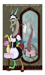 Size: 1897x3162 | Tagged: dead source, safe, artist:junkyardgypsy, artist:whipstitch, discord, draconequus, g4, asscord, boxers, butt, clothes, crossdressing, eyes closed, heart, heart print underwear, maid discord, mirror, raised tail, skirt, solo, tail, underwear, upskirt