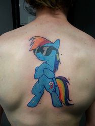 Size: 540x720 | Tagged: safe, rainbow dash, human, pegasus, pony, g4, back, backwards cutie mark, bipedal, female, irl, irl human, mare, photo, solo, sunglasses, tattoo