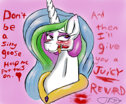 Size: 1024x850 | Tagged: safe, artist:digitaldomain123, princess celestia, g4, :3, blushing, digital art, female, flirting, kiss mark, lipstick, lipstick tube, misleading thumbnail, paint tool sai, solo