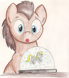 Size: 1152x1301 | Tagged: safe, artist:missy12113, derpy hooves, doctor whooves, time turner, pegasus, pony, g4, female, male, mare, snow globe, stallion, traditional art