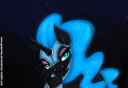 Size: 1400x972 | Tagged: safe, artist:gamermac, nightmare moon, g4, :3, bedroom eyes, ear fluff, eyeshadow, fangs, female, looking at you, night, smiling, solo, spread wings
