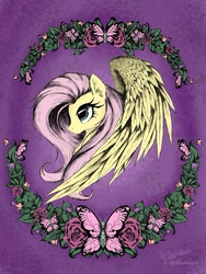 Size: 768x1024 | Tagged: safe, artist:altohearts, fluttershy, butterfly, g4, female, flower, leaves, profile, solo