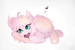 Size: 1925x1291 | Tagged: safe, artist:wilvarin-liadon, oc, oc only, oc:fluffle puff, bedroom eyes, blushing, canon x oc, cute, female, flufflebetes, heart, implied queen chrysalis, lesbian, looking at you, mouth hold, nom, ocbetes, on side, ship:chrysipuff, shipping, simple background, smiling, solo