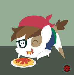 Size: 1938x1962 | Tagged: safe, artist:sasukex125, pipsqueak, earth pony, g4, clothes, colt, costume, eating, eyepatch, foal, food, male, messy eating, pipsqueak eating spaghetti, pirate costume, pointy ponies, simple background, solo, spaghetti