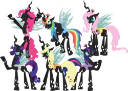 Size: 1612x1151 | Tagged: safe, artist:kaylathehedgehog, applejack, fluttershy, pinkie pie, rainbow dash, rarity, twilight sparkle, changeling, changeling queen, fanfic:changelings of harmony, fanfic:six queens, g4, appleling, blue changeling, changeling mane six, changelingified, dashling, fanfic art, female, flutterling, mane six, orange changeling, pink changeling, pinkling, purple changeling, queen applejack, queen fluttershy, queen pinkie, queen pinkie pie, queen rainbow, queen rainbow dash, queen rarity, queen twilight, rainbow chrysalis, rariling, simple background, species swap, transparent background, twilight sparkle (alicorn), twiling, white changeling, xk-class end-of-the-world scenario, yellow changeling
