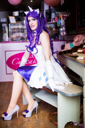 Size: 1867x2800 | Tagged: safe, artist:lucecosplay, rarity, human, g4, cosplay, high heels, irl, irl human, looking at you, photo, sitting, solo