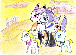 Size: 1641x1200 | Tagged: safe, artist:morbidoptimist, earth pony, pony, blushing, colt, eyes closed, female, filly, floppy ears, jinx (dc comics), male, mare, melvin (dc comics), overbite, ponified, raven (dc comics), smiling, teen titans, teether, timmy tantrum, traditional art