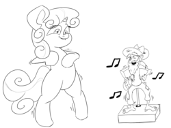 Size: 1000x750 | Tagged: safe, artist:purple-yoshi-draws, sweetie belle, pony, g4, aqua teen hunger force, bipedal, monochrome