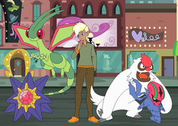 Size: 960x683 | Tagged: safe, artist:selenaede, trenderhoof, accelgor, flygon, human, starmie, vigoroth, g4, crack fic, humanized, manehattan, pokémon