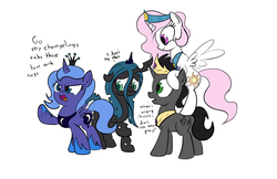 Size: 2156x1393 | Tagged: safe, artist:frikdikulous, king sombra, princess celestia, princess luna, queen chrysalis, alicorn, changeling, changeling queen, pony, unicorn, g4, cewestia, changeling princess, clothes, colored, colt, colt sombra, crown, cute, cutealis, cutelestia, dialogue, female, filly, filly queen chrysalis, good king sombra, jewelry, lunabetes, male, peytral, regalia, shoes, simple background, sketch, sombra's cutie mark, sombradorable, tiara, white background, woona, younger