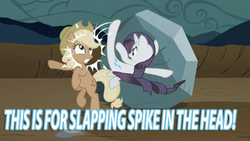 Size: 640x360 | Tagged: safe, edit, edited screencap, screencap, applejack, rarity, tom, g4, the return of harmony, abuse, discorded, disproportionate retribution, drama, gritted teeth, jackabuse, kicking, op is a duck, spike drama, spike justice warriors, wide eyes