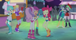 Size: 2495x1306 | Tagged: safe, edit, edited screencap, screencap, apple bloom, blueberry cake, captain planet, cloudy kicks, curly winds, drama letter, rose heart, scootaloo, some blue guy, sweetie belle, tennis match, watermelody, human, equestria girls, g4, perfect day for fun, rainbow rocks, background human, belly button, boots, bra, breasts, clothes, crop top bra, cutie mark crusaders, dancing, exhibitionism, female, panties, show accurate, underwear, underwear edit