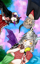Size: 1337x2139 | Tagged: safe, artist:cryaoticisbest, discord, king sombra, lord tirek, human, g4, eris, horn, horned humanization, humanized, lady tirek, low angle, queen umbra, rule 63, tattoo, winged humanization