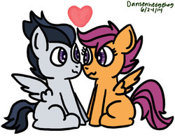 Size: 720x576 | Tagged: safe, artist:dansenhedgehog, rumble, scootaloo, pegasus, g4, colt, duo, duo male and female, female, filly, foal, looking at each other, looking at someone, male, nose to nose, ship:rumbloo, shipping, simple background, straight