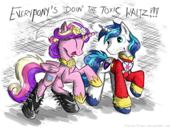 Size: 1024x765 | Tagged: safe, artist:flutterthrash, princess cadance, shining armor, g4, boots, duo, exodus (band), metal, wedding