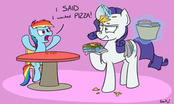 Size: 1645x989 | Tagged: safe, artist:rapidstrike, rainbow dash, rarity, pegasus, pony, unicorn, g4, age regression, duo, female, filly, macaroni and cheese, mare, picky eater, rarity is not amused, tantrum, unamused