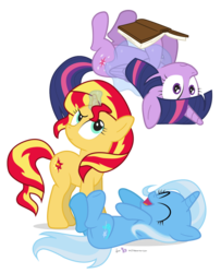 Size: 900x1110 | Tagged: safe, artist:dm29, sunset shimmer, trixie, twilight sparkle, alicorn, pony, unicorn, g4, book, counterparts, laughing, levitation, magic, magical trio, on back, simple background, transparent background, trio, twilight sparkle (alicorn), twilight's counterparts, upside down