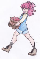 Size: 1033x1503 | Tagged: safe, artist:radsham, apple bloom, human, g4, apple, basket, carrying, clothes, female, freckles, gloves, humanized, overalls, solo, traditional art, working