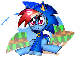 Size: 1600x1196 | Tagged: safe, artist:boulderthedragon, artist:vocalmaker, rainbow dash, g4, clothes, colored, cosplay, costume, crossover, cute, dashabetes, female, hoodie, male, solo, sonic the hedgehog, sonic the hedgehog (series), style emulation, yuji uekawa style