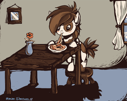 Size: 1000x800 | Tagged: safe, artist:mocha-shortcake, pipsqueak, pony, g4, bipedal, bipedal leaning, blushing, cute, eating, flower, male, pipsqueak eating spaghetti, smiling, solo, spaghetti, stool, table